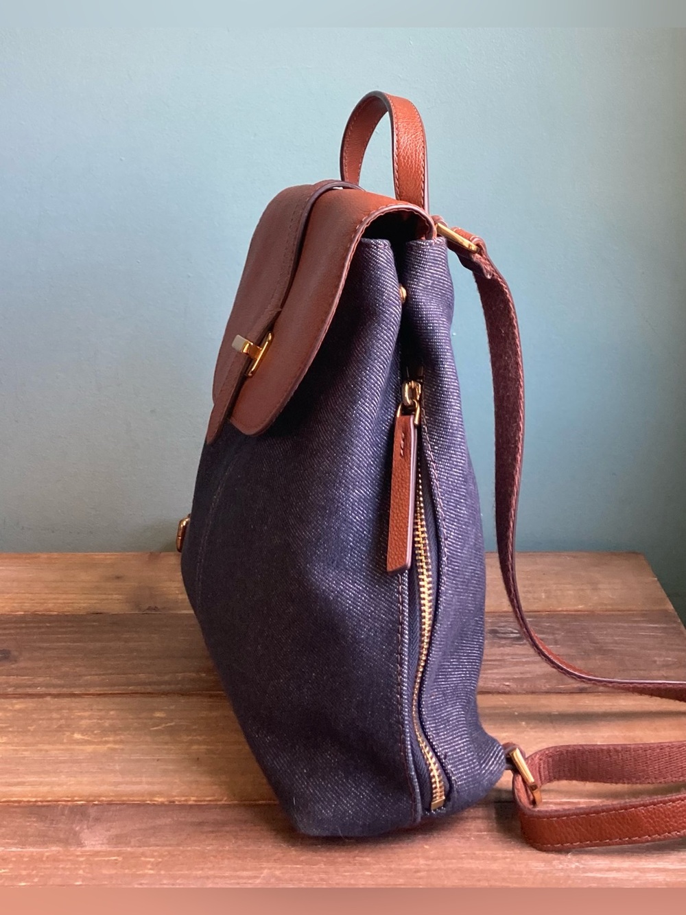 Fossil Emery Backpack Denim Canvas and Leather - Picture 3 of 10
